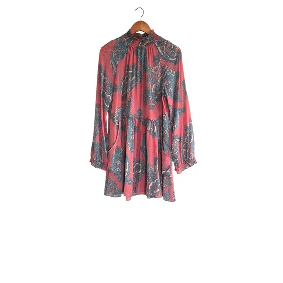 Free People Moonstruck Dress Womens Medium Red Paisley Print Long Sleeve Sheer - Picture 1 of 6